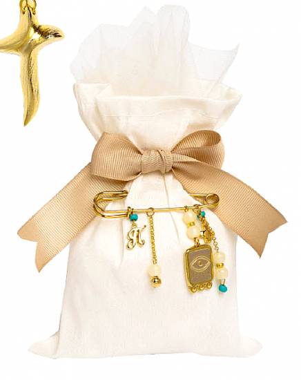 Μπομπονιέρες βάπτισης Πολυτελείας Luxury/Exclusive Γούρι καρφίτσα πουγκί μονόγραμμα ματάκι Σταυρός