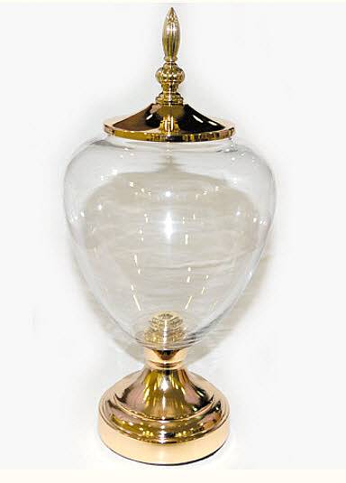 Διακόσμηση βάπτισης βάζο γυάλινο με μεταλλικό χρυσό καπάκι και μεταλλική χρυσή βάση